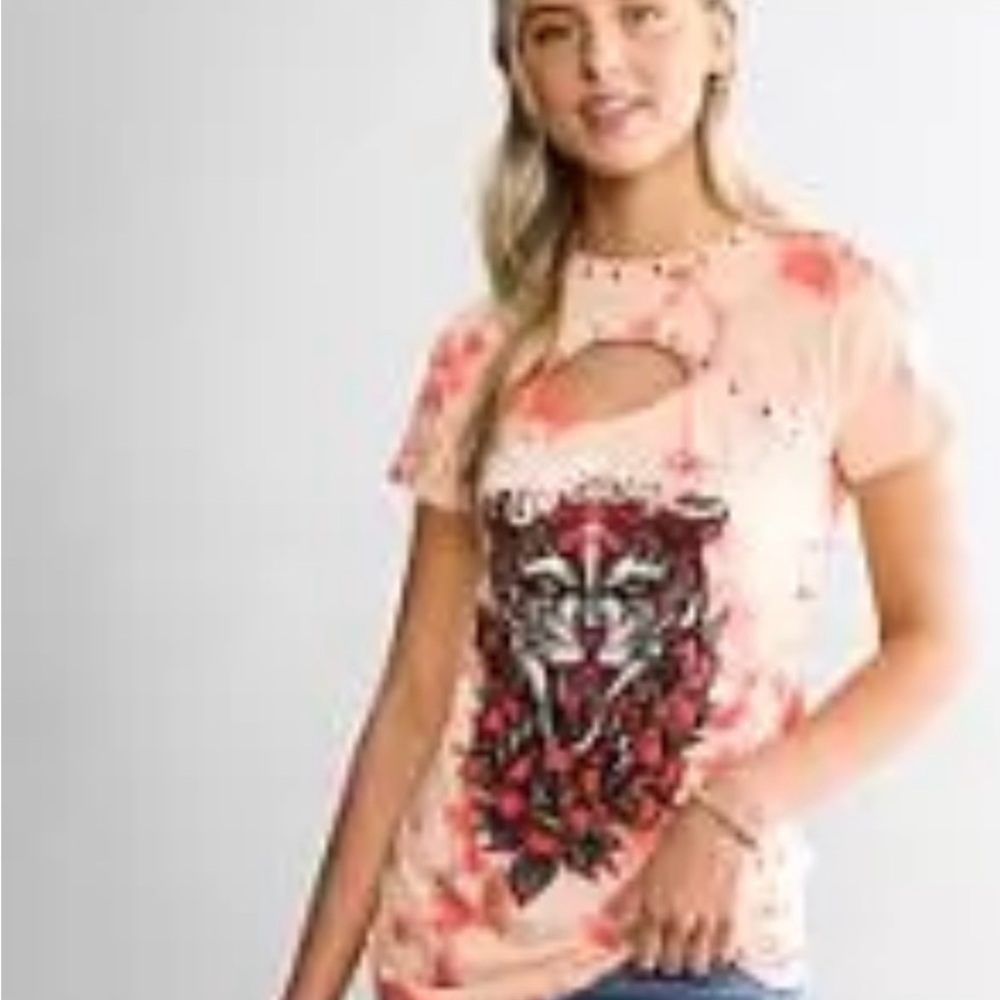 Affliction Pink Coral Tie-Dye Short Sleeve Tee with Graphic Tiger